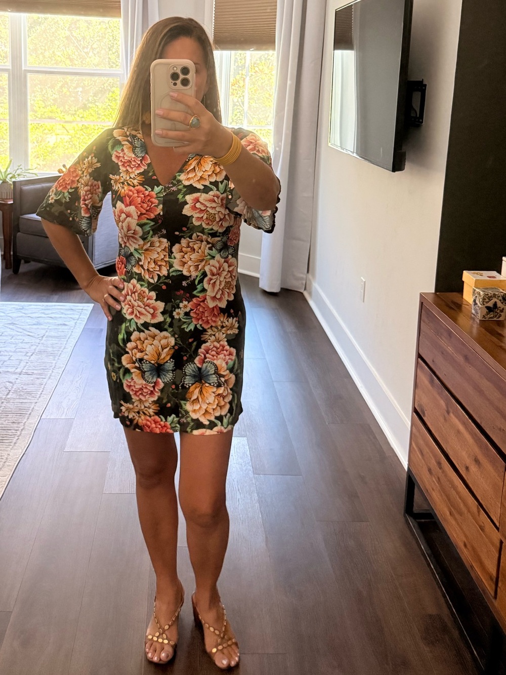 FARM Rio Dark Green Floral V-Neck Mini Dress with Peach and Green Blooms